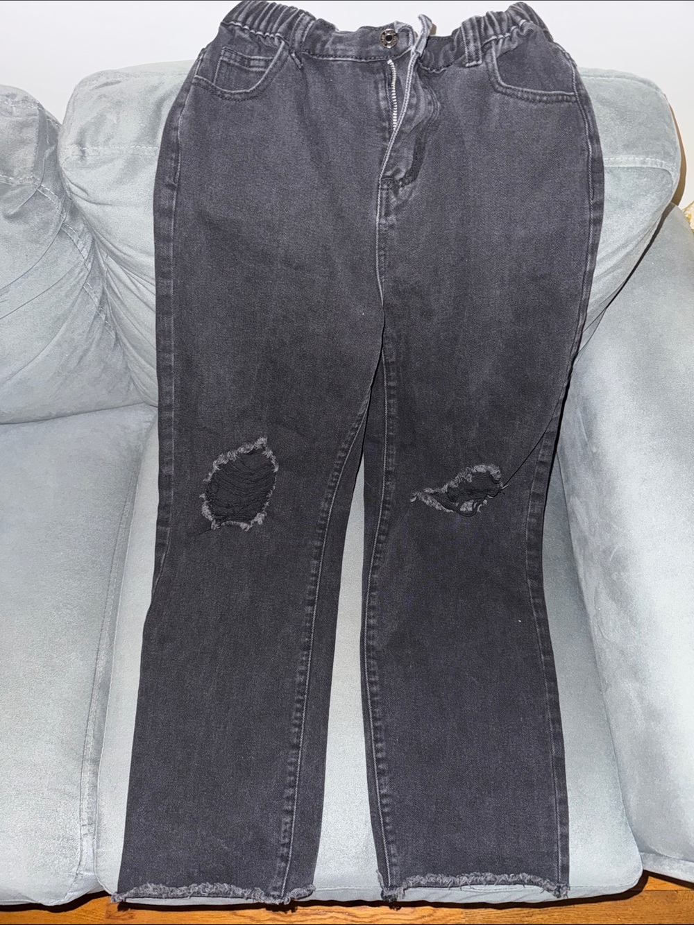Kids Black Distressed Elastic-Waist Jeans